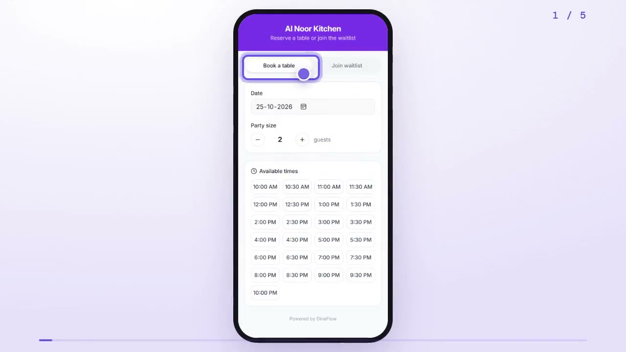 Phone showing the restaurant's booking page with the Book a table tab