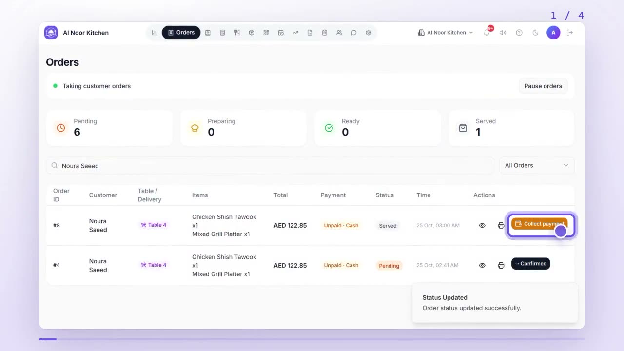 Served order in Orders with the Collect payment button highlighted