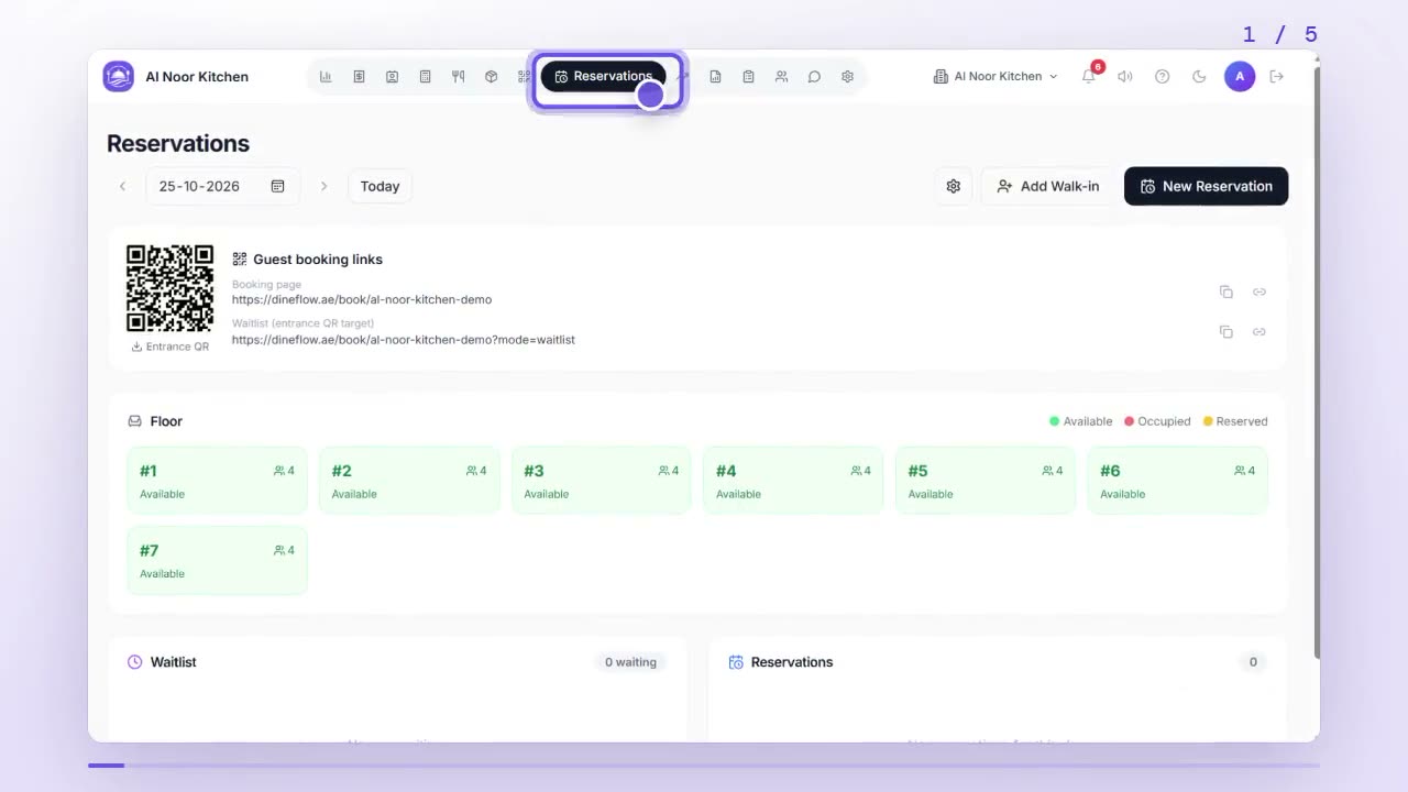 DineFlow dashboard with the Reservations tab highlighted in the left menu