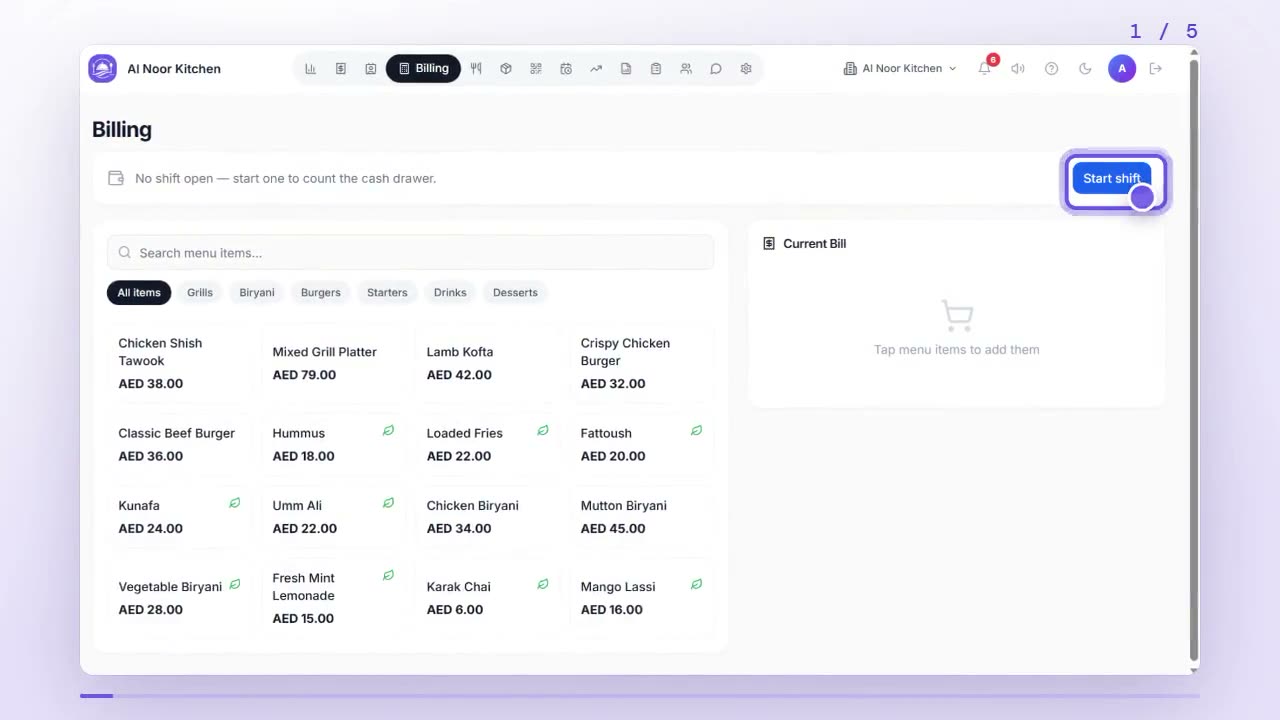 Billing tab with the shift bar and its Start shift button highlighted