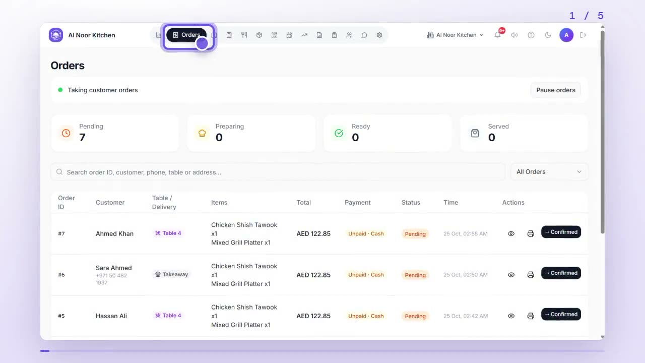 DineFlow dashboard with the Orders tab highlighted in the left menu
