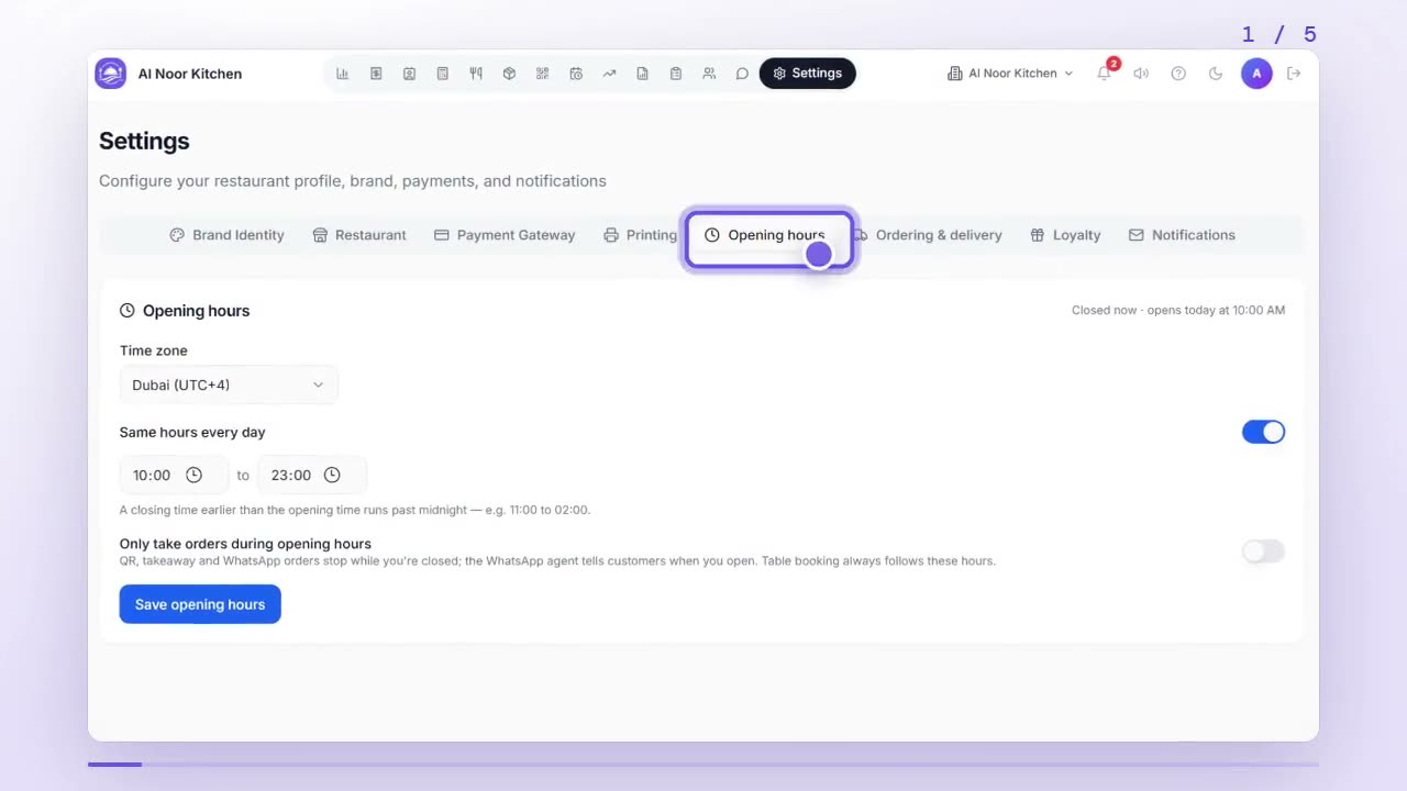 Settings with the Opening hours tab highlighted