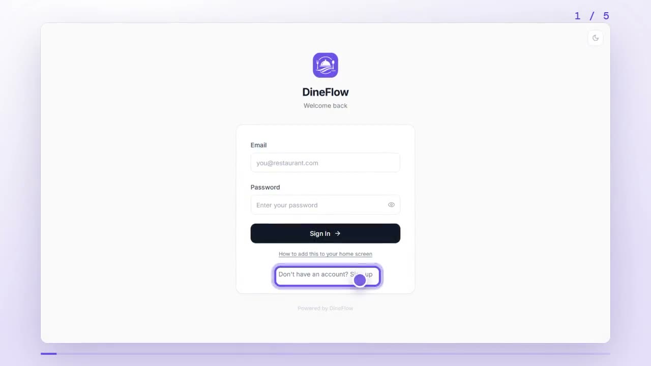 DineFlow sign-in page with the Don't have an account? Sign up link highlighted
