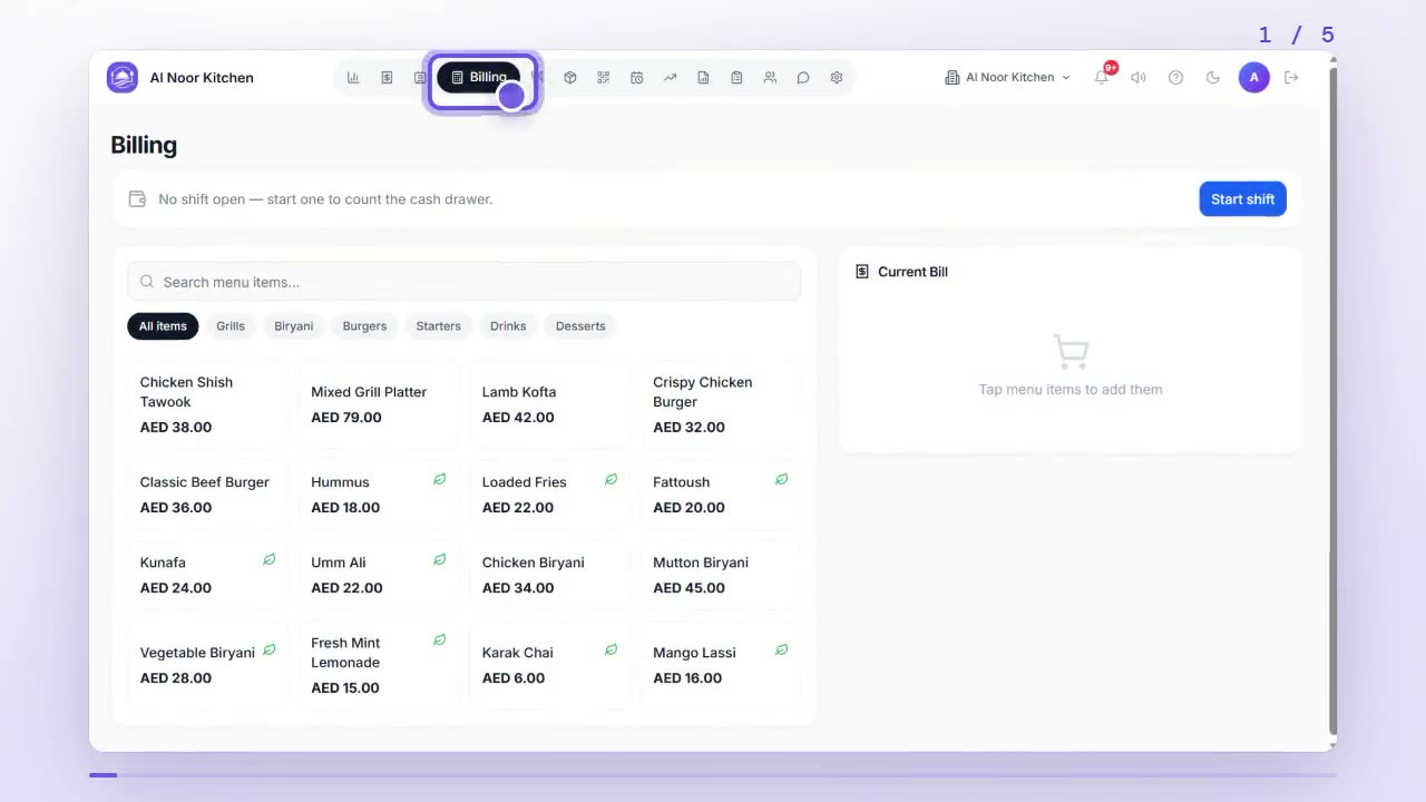 DineFlow dashboard with the Billing tab highlighted in the left menu