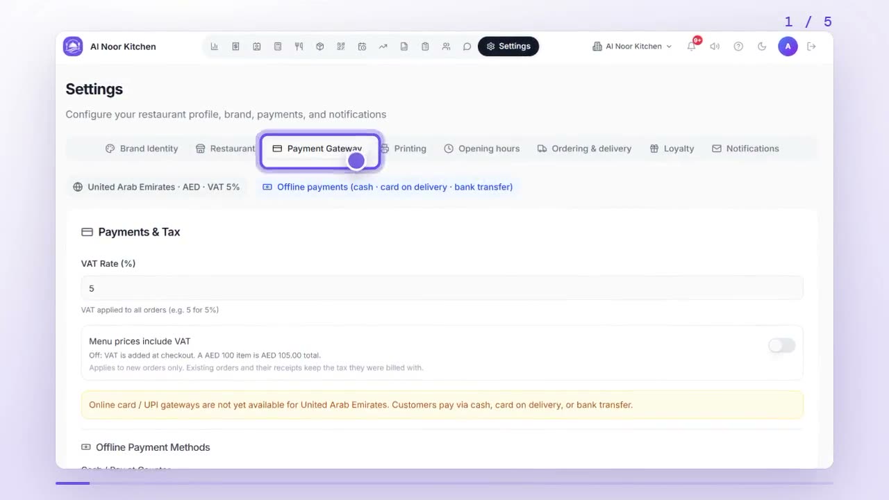 Settings page with the Payment Gateway tab highlighted