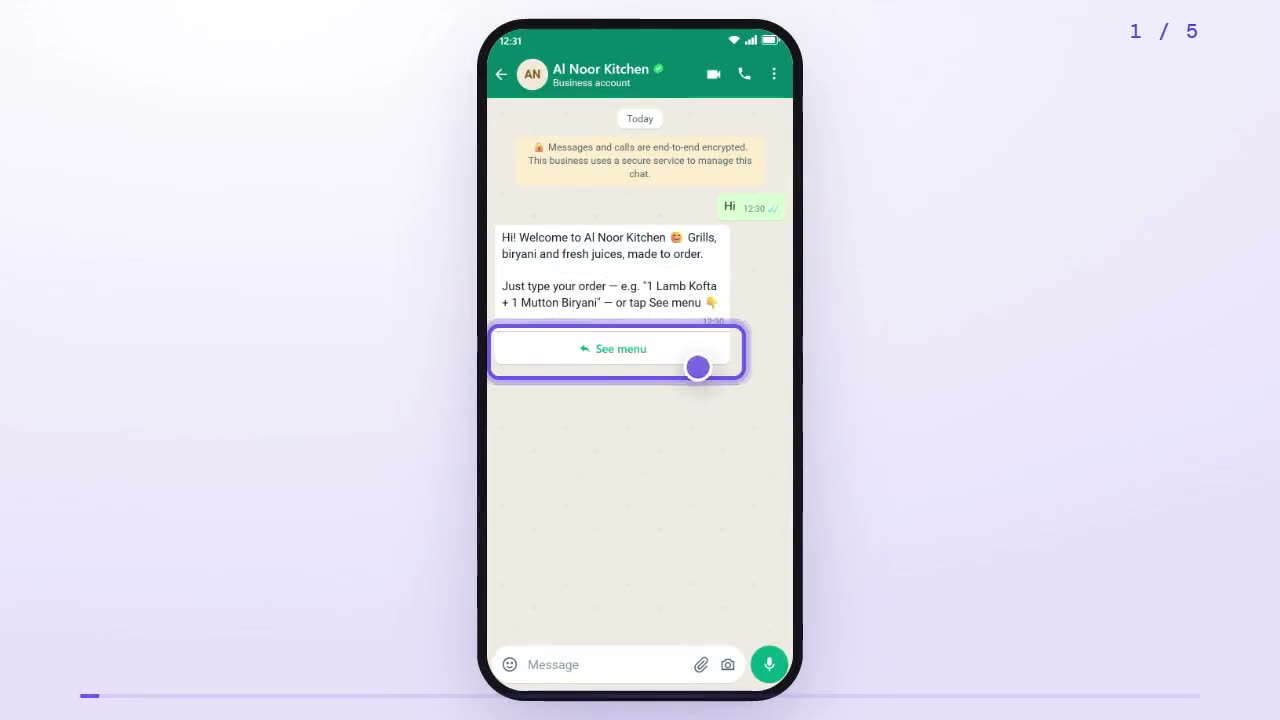 WhatsApp chat with Al Noor Kitchen: the customer says Hi and gets a welcome message with a See menu button